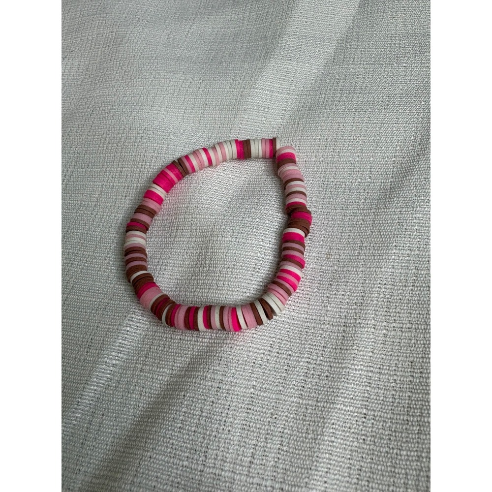 Handmade Heishi Bead Stretch Bracelet Pink Brown White Polymer Clay Boho